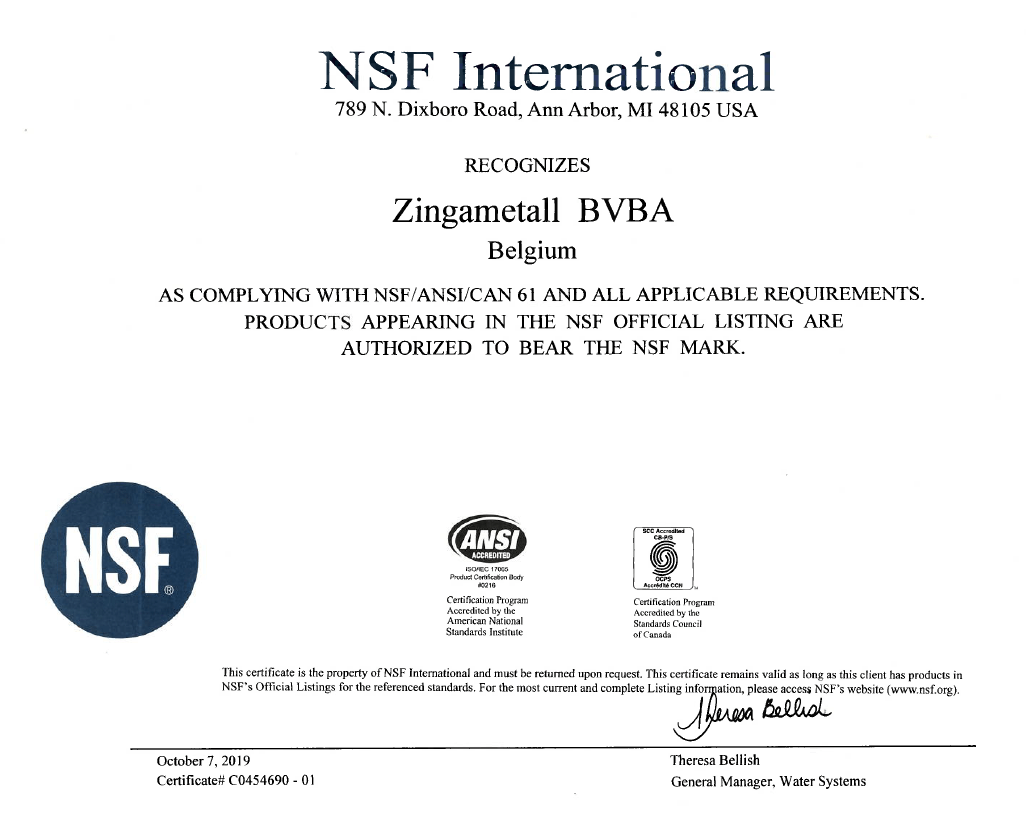 Certificación de NSF - ANSI - CAN 61 para Zinga